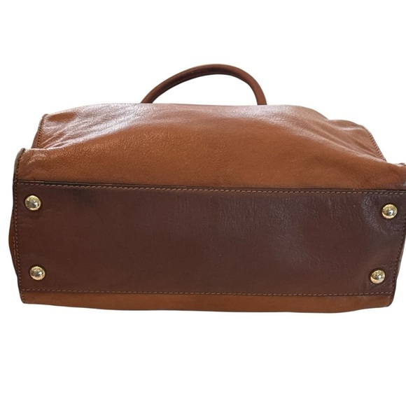 Michael MICHAEL East West Brown Leather With Gold Lock Shoulder Bag Satchel Tote - Picture 6 of 11